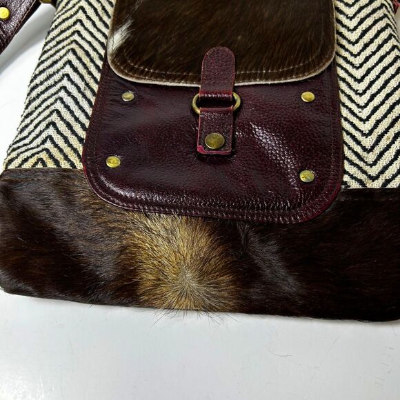 Myra Mixed Media Wine Leather Chevron Fabric Haircalf Shoulder Crossbody Bag - Picture 5 of 13